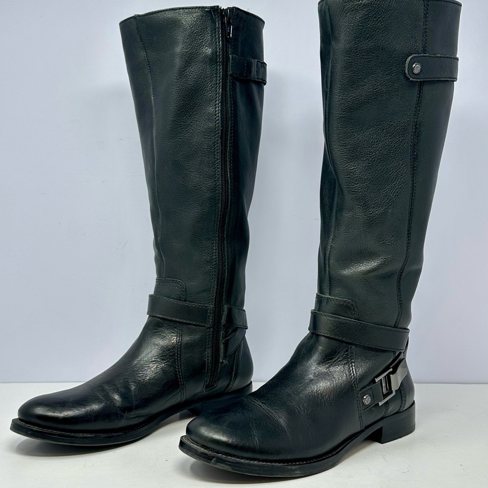 Arturo Chiang Boots Womens 8 Black Leather Biker‎ Riding Felita Knee High Buckle